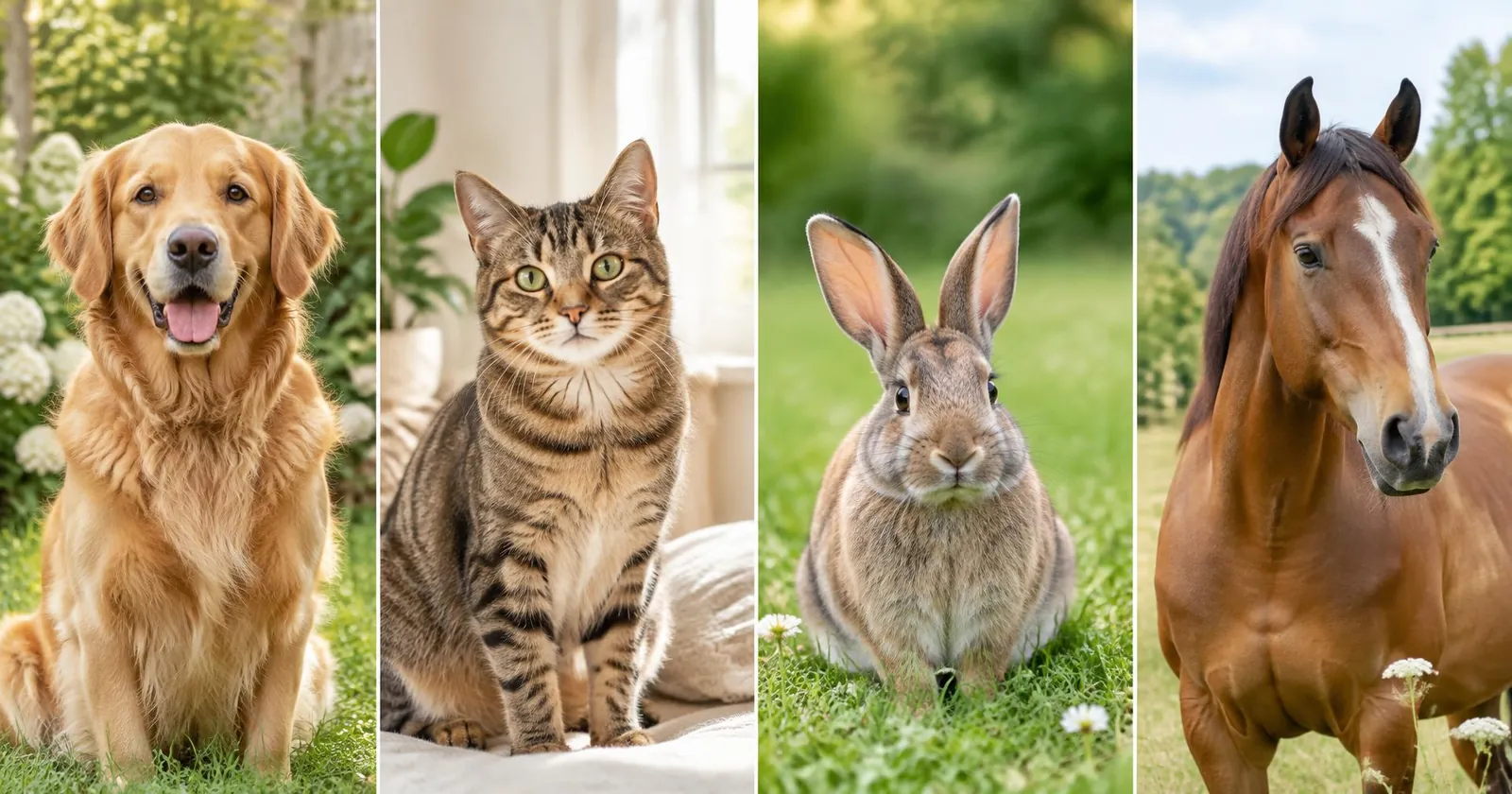 Hund, katt, kanin och häst i fyra separata bildfält.
